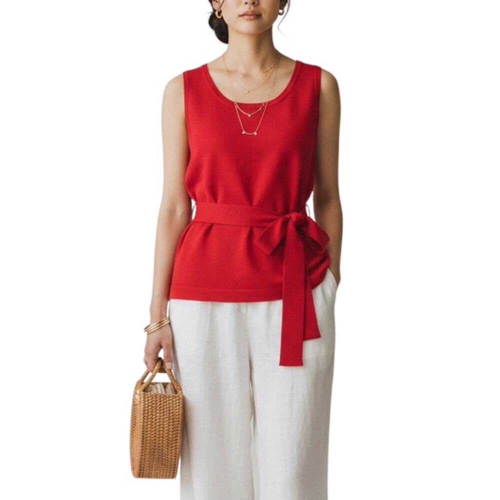 St. John Vintage 90s Red Wool Knit Sleeveless Top Tie Belt Quiet Luxury Medium